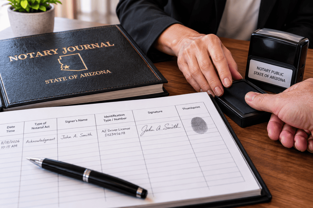 Signer providing a thumbprint for an Arizona notary journal