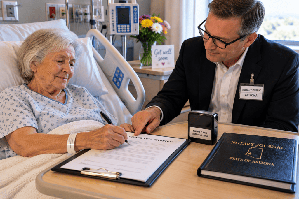 Mobile notary assisting a hospital patient with Power of Attorney notarization in Arizona