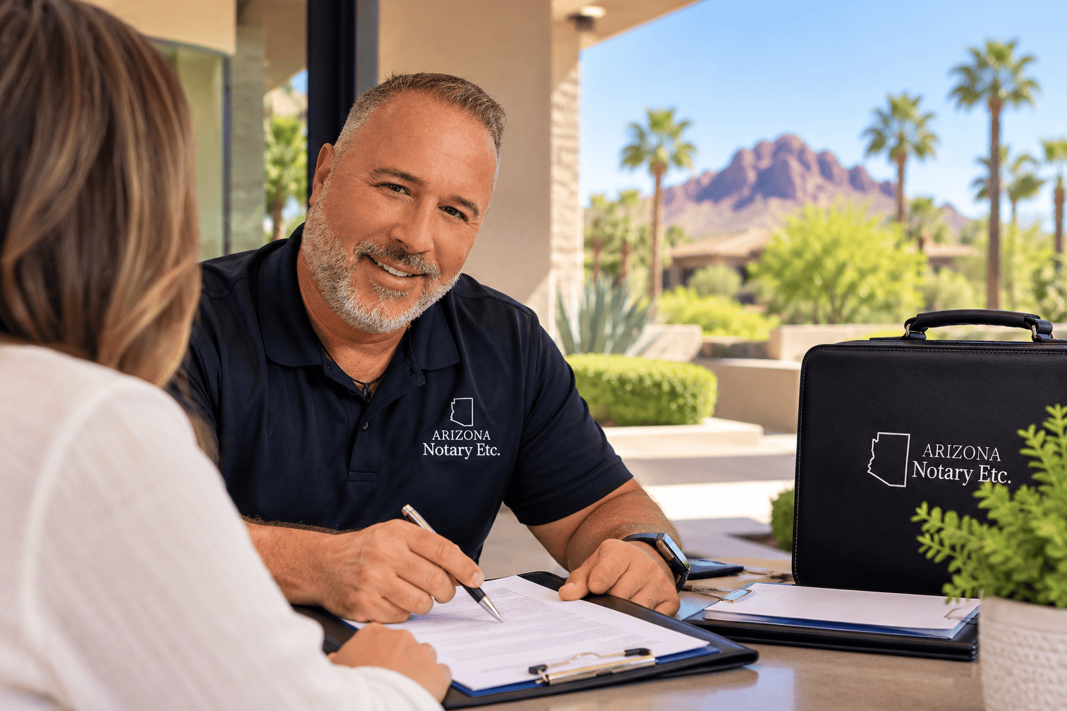 Arizona mobile notary assisting a client with documents at a Scottsdale residence