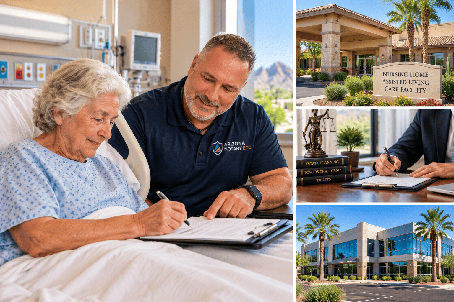 Mobile notary assisting a senior with documents in a hospital, with assisted-living, attorney office, and business locations pictured