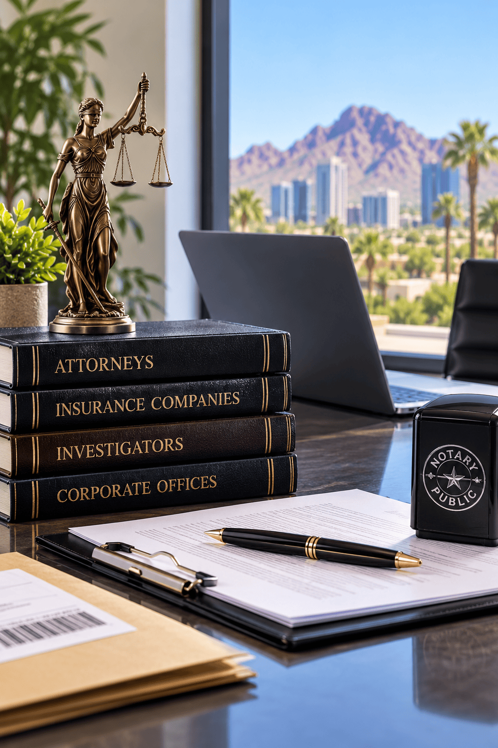 Legal office desk with attorney, insurance company, investigator and corporate binders, notary stamp and documents in Scottsdale Arizona