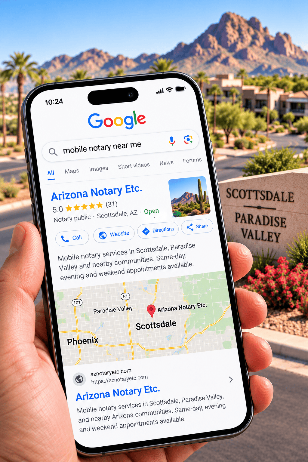 Google search for mobile notary near me featuring Arizona Notary Etc. in Scottsdale and Paradise Valley
